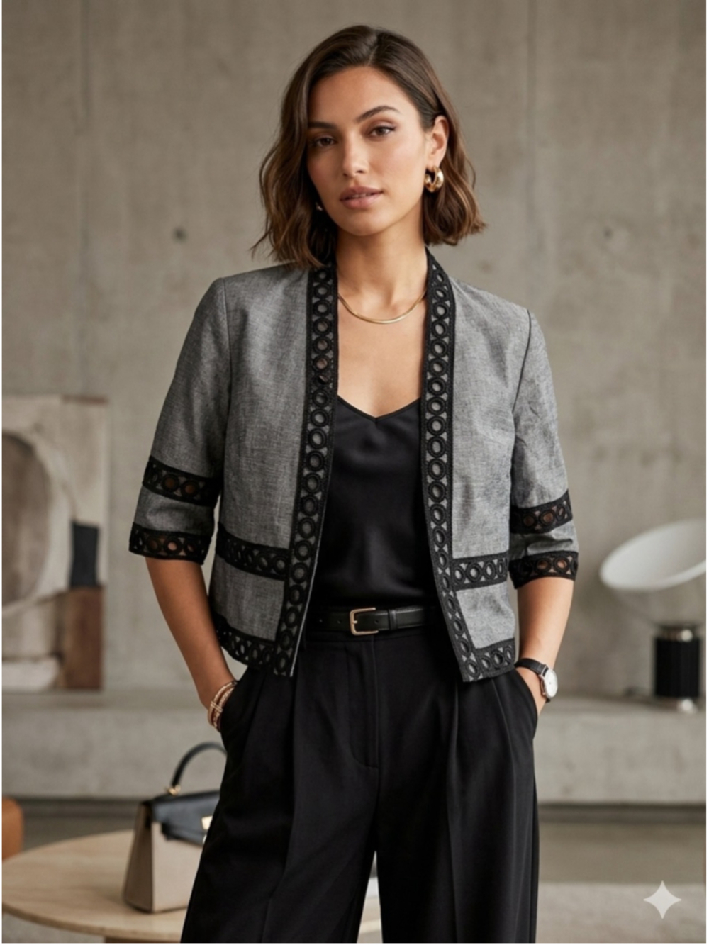 Kasper Gray Linen Blend Open Blazer Black Geometric Cutout Trim Kimono 1913